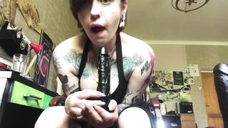 chick Masturbates with 2 Vibrators, Blowing and Cumming. Huge Breasts and Tattoos