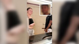 White sluts Drool and Gag all over big black cock inside Mall Toilet