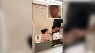 White sluts Drool and Gag all over big black cock inside Mall Toilet