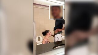 White sluts Drool and Gag all over big black cock inside Mall Toilet