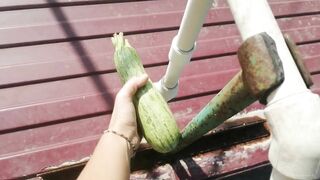 A HUMONGOUS ZUCCINI into Small Unshaved Twat! this Dirty Blonde Boned herself till Squirt and Shaking Orgasm!