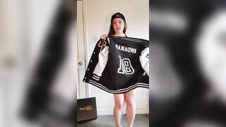 Showing off my Pornhub Merch & Fingers into 50K Varsity Jacket