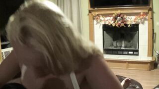 Hot Blonde Blows and Fucks her Man into Front of the Fireplace