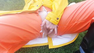 Finger Fuck Vagina into Orange Elka Rainpants and Yellow Raincoat