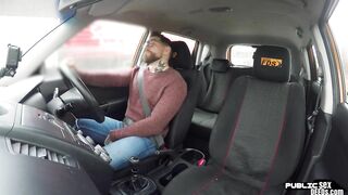 Big Boobed brit driving schoolgirl publicly cockrides on front seat