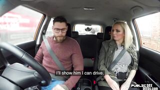 Big Boobed brit driving schoolgirl publicly cockrides on front seat