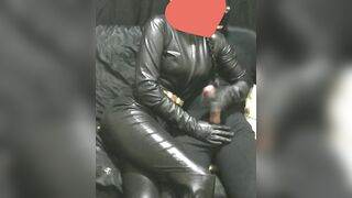 Smoking Wifey into Leather Gloves and Catsuit Fucking Hand Job Creampie