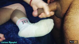 Curious Nymphet Blonde mom White Socks Making Out Turf Job Bushy Vagina Feet Licking Cum Socks Sucking Off