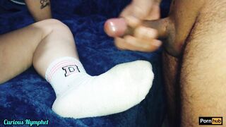 Curious Nymphet Blonde mom White Socks Making Out Turf Job Bushy Vagina Feet Licking Cum Socks Sucking Off