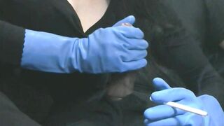 Smoking Fiance into Blue Latex Gloves Hand Job four