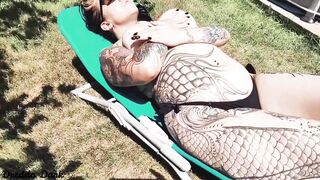 beauty Tattooed bimbos Having Fun with her Long Melons next to the Pool