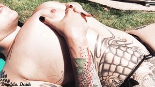beauty Tattooed bimbos Having Fun with her Long Melons next to the Pool