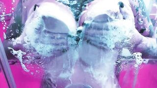 goddess Cunt With Mouth Washing her Melons inside a Foamy Shower