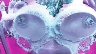 goddess Cunt With Mouth Washing her Melons inside a Foamy Shower
