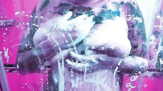 goddess Cunt With Mouth Washing her Melons inside a Foamy Shower