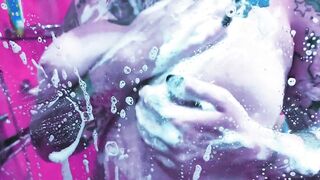 goddess Cunt With Mouth Washing her Melons inside a Foamy Shower