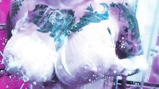 goddess Cunt With Mouth Washing her Melons inside a Foamy Shower