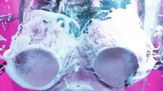 goddess Cunt With Mouth Washing her Melons inside a Foamy Shower
