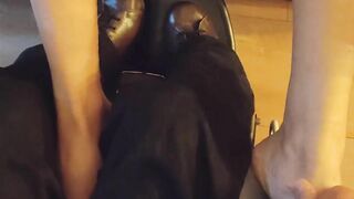 Angie unbuttons shirt of disabled dude with her foot and