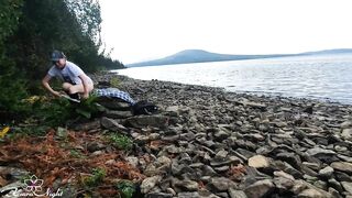 bimbos Masturbte Snatch while Walking inside Nature
