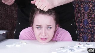 Bondage Cutie gags on dildo and throats cock