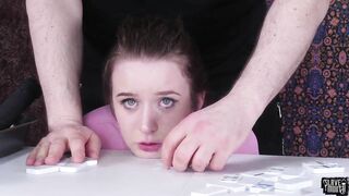 Bondage Cutie gags on dildo and throats cock
