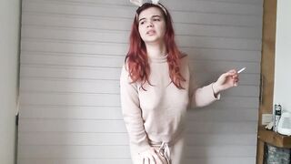 Sweet talk pee desperation while smoking and pee inside pants