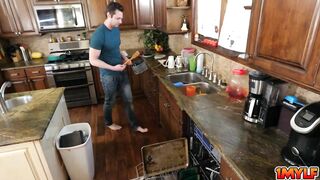 My stepmom on her knees sucking off my cock and popping