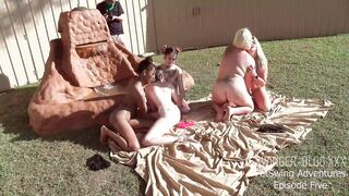 Six lesbians licking and toying lusty cunts into outside group