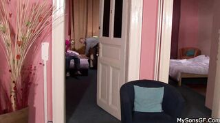 Slender blonde barely legal blows and ride older huge dick