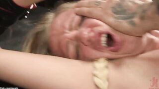 Tied blonde takes huge penis into the booty
