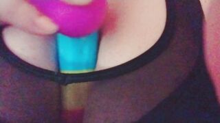 Rainbow Sex Toy for my Sportbra Banged Bug Breasts