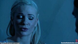 Blindfolded blonde throat fuck