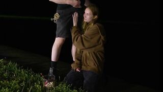 Petite ginger gets facefucked inside her sweatshirt on a chilly