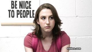 Coed thief with huge jugs sucking off cock at the office