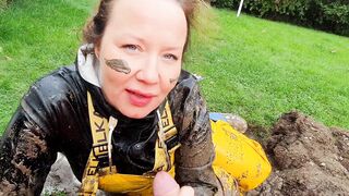 Blowing Hubby's Cock into Muddy Greased up Rainwear