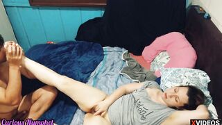 Curious Nymphet blonde MILF bushy cunt masturbate toes licking feet