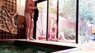My stepson takes out his huge penis on the terrace,