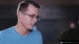 NuruMassage Bitchy Big Tit Masseuse Victoria June goes Wild on his LONG Nerdy Penis