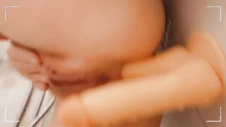 Double Vibrator for Soak Cunt and Booty Close-up. Masturbation with Double Penetration into Juicy Holes