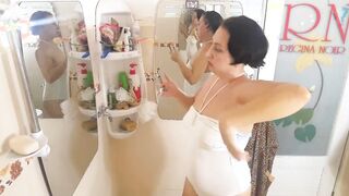 A tasty lady shaves her armpits inside the shower room, lathers her body with shower gel webcam one-three