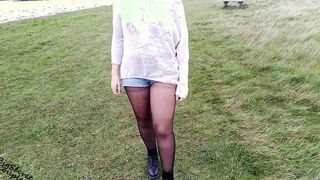Amateur walks braless flashes melons and booty outside