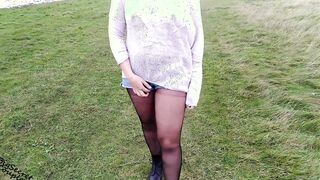Amateur walks braless flashes melons and booty outside