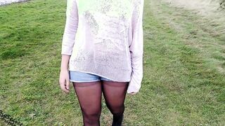 Amateur walks braless flashes melons and booty outside