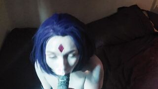 Teenie Titans' Raven blows, fucks, and squirts on a dildo on their 18th birthday