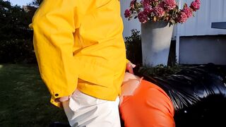 Sex and squirt on african RUBBER raincoat