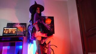 Pure witch gets cum on her face for first time on Halloween