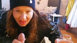 Oral Sex by gf wearing ebony LATEX raincoat and Hunter boots