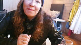 Oral Sex by gf wearing ebony LATEX raincoat and Hunter boots