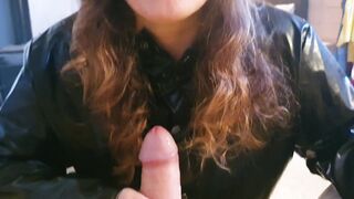 Oral Sex by gf wearing ebony LATEX raincoat and Hunter boots